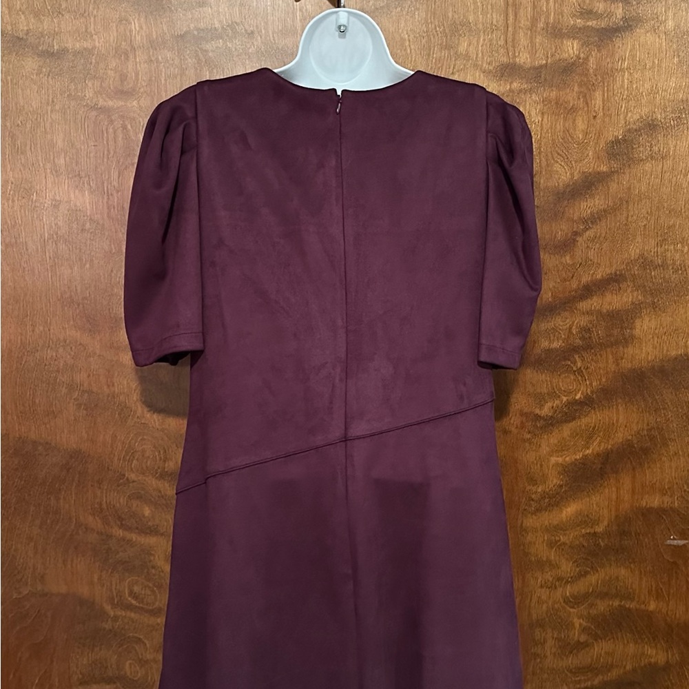Anne Klein Short Puff Sleeve Faux Suede Fall Midi Dress Womens 12 Plum Purple - Picture 13 of 16
